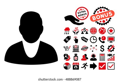 Client pictograph with bonus images. Vector illustration style is flat iconic bicolor symbols, intensive red and black colors, white background.