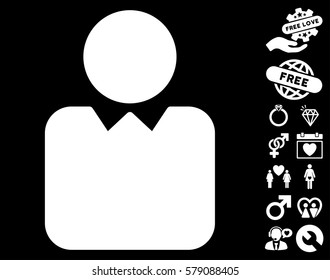 Client pictograph with bonus valentine clip art. Vector illustration style is flat iconic white symbols on black background.