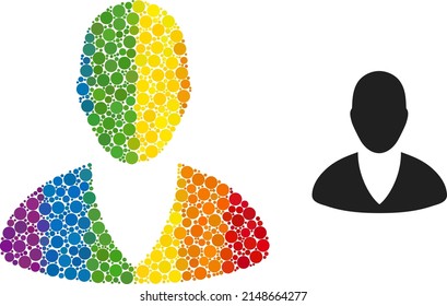 Client profile mosaic icon of round dots in different sizes and spectrum color tinges. A dotted LGBT-colored client profile for lesbians, gays, bisexuals, and transgenders.