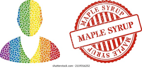 Client profile mosaic icon of spheric dots in various sizes and spectrum color hues. Red rounded textured watermark with Maple Syrup title. A dotted LGBT- colored client profile for lesbians,