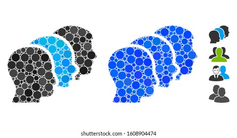 Client profiles mosaic of filled circles in various sizes and color tones, based on client profiles icon. Vector filled circles are united into blue mosaic.