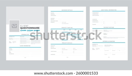 Client Questionnaire Template , New Client Survey Form, Creative Brief Template, Client Information Form , Design Brief 3 Page Layout Template