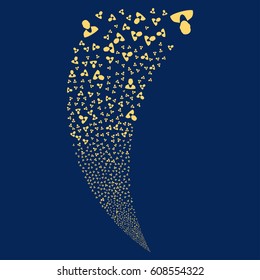 Client random fireworks stream. Vector illustration style is flat yellow iconic symbols on a blue background. Object fountain combined from scattered pictographs.