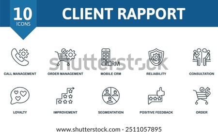 Client Rapport thin line icon set. Call Management, Order Management, Mobile Crm, Reliability, Consultation, Loyalty, Improvement, Segmentation, Positive Feedback, Order icons.