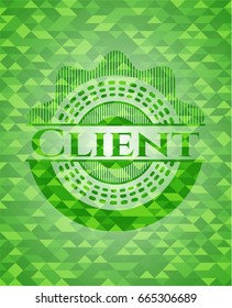 Client realistic green emblem. Mosaic background