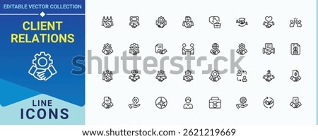 Client Relations icon set. Included cooperation, partner, team, business, relationship, teamwork and more. Business Relationship icon set in linear style. Thin icons set. Editable stroke collections.