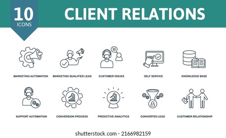 Client Relations Set Icon. Editable Icons Client Relations Theme Such As Marketing Automation, Customer Issues, Knowledge Base And More.