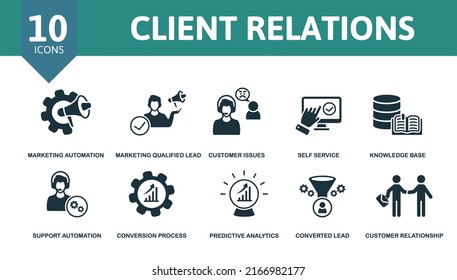 Client Relations Set Icon. Editable Icons Client Relations Theme Such As Marketing Automation, Customer Issues, Knowledge Base And More.