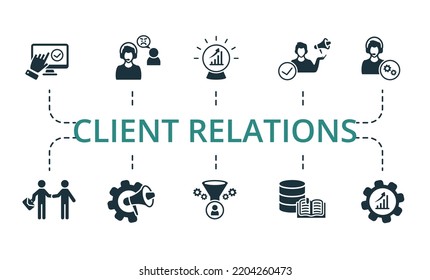 Client Relations Set Icon. Editable Icons Client Relations Theme Such As Marketing Automation, Customer Issues, Knowledge Base And More.