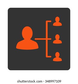 Client Relations vector icon. Style is flat rounded square button, orange and gray colors, white background.