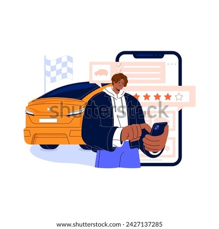 Client review in carsharing service app. Consumer feedback, rate drive experience on sharing car in smartphone. Stars signs in report, rank of taxi ride. Flat isolated vector illustration on white