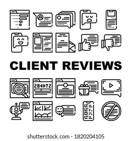 Client Review Feedback Collection Icons Set Vector. Anonymous And Video Client Review, Like And Dislike, Satisfied And Disappointed Customer Black Contour Illustrations