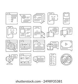 Client Review Feedback Collection Icons Set Vector. Anonymous And Video Client Review, Like And Dislike, Satisfied And Disappointed Customer Black Contour Illustrations