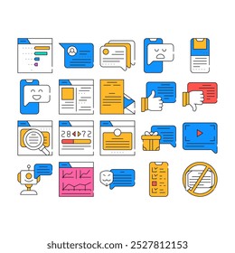 Client Review Feedback Collection Icons Set Vector. Anonymous And Video Client Review, Like And Dislike, Satisfied And Disappointed Customer color Contour Illustrations
