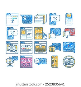 client review feedback doodle icons set vector. sketch line art anonymous and video client review, like and dislike, satisfied and disappointed customer color illustrations