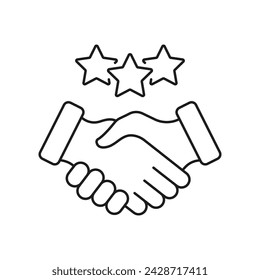 Client Review Symbol. Handshake With Stars Linear Pictogram. Best Partnership Line Icon. Business Communication And Support. Customer Appreciation Sign. Editable Stroke. Isolated Vector Illustration.