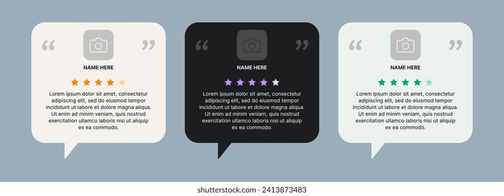 Client review template for a post or story. Customer feedback in the form of speech dough with rating stars. Vector design for social networks or website.