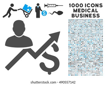 Client Sales Chart icon with 1000 medical commercial gray and blue vector pictographs. Collection style is flat bicolor symbols, white background.