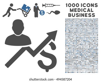 Client Sales Chart icon with 1000 medical commercial cobalt and gray vector design elements. Collection style is flat bicolor symbols, white background.