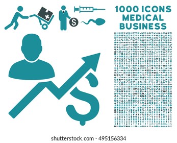 Client Sales Chart icon with 1000 medical commercial soft blue vector design elements. Design style is flat bicolor symbols, white background.