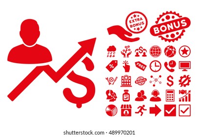 Client Sales Chart icon with bonus icon set. Vector illustration style is flat iconic symbols, red color, white background.