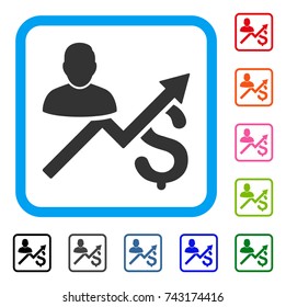 Client Sales Chart icon. Flat grey pictogram symbol in a light blue rounded squared frame. Black, gray, green, blue, red, orange color variants of Client Sales Chart vector.