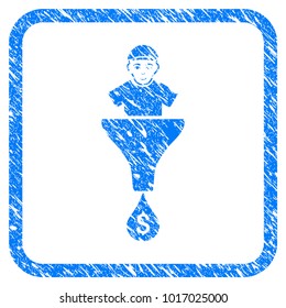 Client Sales Funnel rubber stamp imitation. Icon vector symbol with grungy design and corrosion texture inside rounded square frame. Scratched blue sticker. Male face has joyful mood.