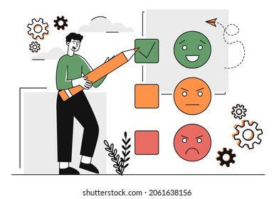 Client satisfaction survey concept. User and customer feedback. Man writes review about product. Service improvement. Choosing emotion. Cartoon flat vector illustration isolated on white background