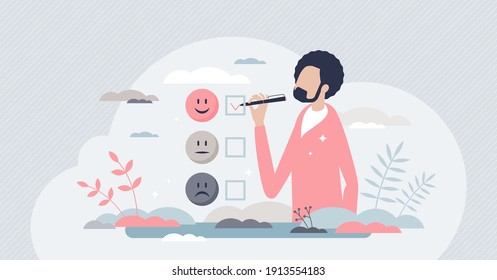 Client satisfaction survey as customer feedback review tiny person concept. Experience opinion from consumer as choice for service or product vector illustration. Performance appraisal scale.