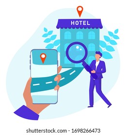 A client searches and explovers hotels with help of the mobile app on smartphone. A user has found a suitable hotel. Vector concept illustration.