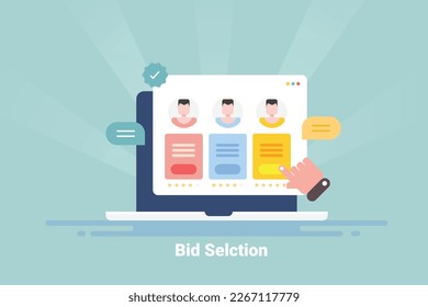 Client selects a freelancer for the project, people bid on the project, and service is sold on an online marketplace. Flat design vector illustration with icons