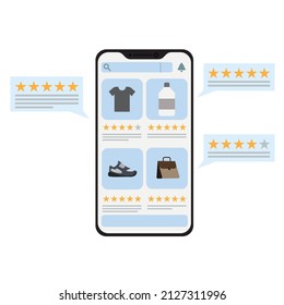 Client send positive review. Service quality assessment. Testimonials Feedback concept. Customer review rating online shopping. Online store app reputation. Shopping online ranking with a star. Vector