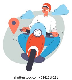 Client service, delivery of order. Male character on scooter or motorcycle wearing helmet using gps to find location of customer. Restaurant or cafe, quick fast food. Vector in flat style illustration