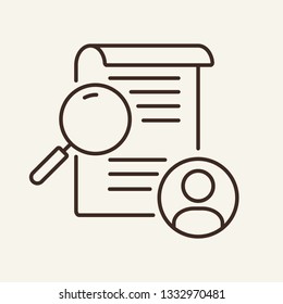 Client service line icon. Customer profile, paper, magnifier glass. Banking concept. Can be used for topics like search, paperwork, checking