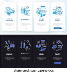 Servicio de cliente en modo de noche y día a bordo de la pantalla de aplicación móvil. Recorrido 4 pasos de páginas de instrucciones gráficas con conceptos lineales. UI, UX, plantilla GUI. Multitud de tipos de letra Pro-Bold, con uso regular