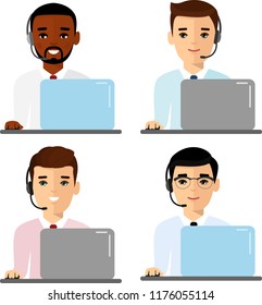 Client services and communication, customer support, phone assistance. Flat style vector illustration isolated on white background. Operator of call center office working in headphones with mic laptop