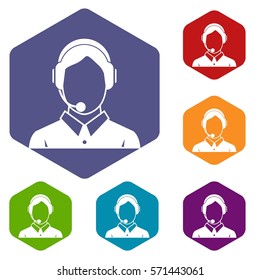 Client services and communication, phone assistance icons set rhombus in different colors isolated on white background