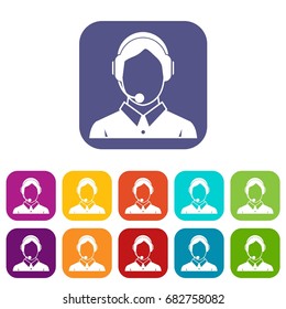 Client services and communication, phone assistance icons set vector illustration in flat style in colors red, blue, green, and other