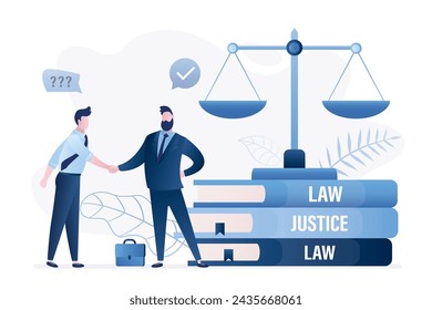 El cliente le da la mano al abogado. Derecho y justicia, concepto de banner. Servicios jurídicos. Libros de leyes y grandes escalas en equilibrio. Abogar por la consulta. Sistema judicial, jurisprudencia. Ilustración vectorial plana