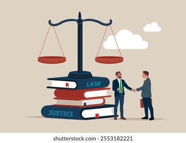Client shakes hands with lawyer. Law and justice. Modern vector illustration in flat style. 