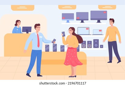 Client and shop assistant in electronic shop. Woman talking with salesperson, buying phone or smartphone flat vector illustration. Mall, store interior, purchase concept