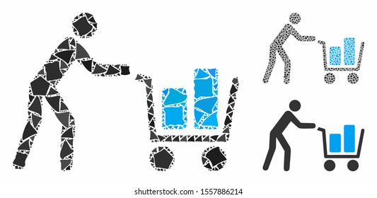 Client with shopping cart composition of abrupt parts in different sizes and color tones, based on client with shopping cart icon. Vector unequal elements are grouped into collage.