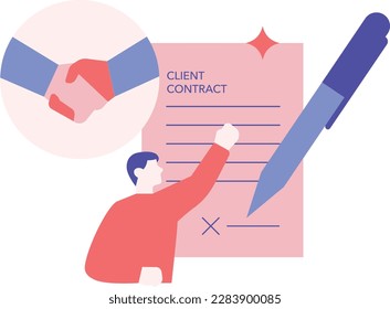 Client signing contract. Man signing a document. Vector illustration in flat style