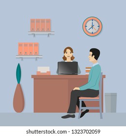 The client is sitting at the reception at the office worker