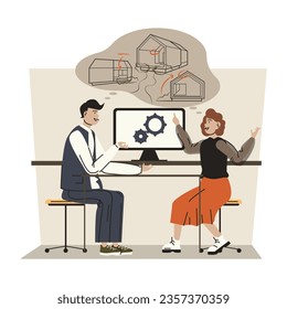 Client sitting at table opposite designer and talking. Worker asking woman about building project. Client visit architect. Flat vector illustration in brown colors