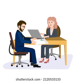 The client is sitting at the table, opposite the girl who works in the office. Vector illustration of a manager's workplace, working with clients. The girl gives the document with approval to the man