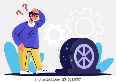 Client standing near broken wheel and thinking how to fix. Help to client fix car problem. Automobile repair service concept. Flat vector illustration in cartoon style in blue and yellow colors