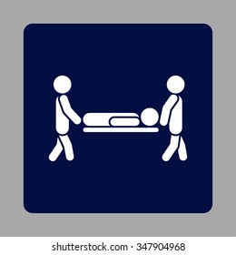 Client Stretcher vector icon. Style is flat rounded square button, white and dark blue colors, silver background.