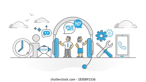 Client support call as customer consultant helpline monocolor outline concept. Technical assistance operator with answers to unclear questions vector illustration. Professional information center.