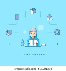 Client support. Cartoon character talking on headset. Vector illustration in blue with flat line icons